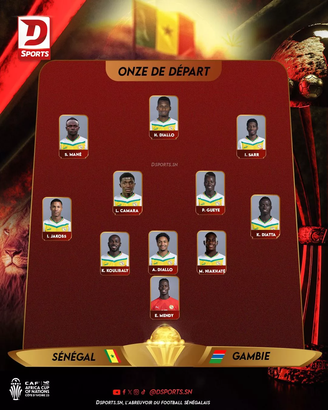 CAN 2023 : Le onze de départ du Sénégal contre la Gambie avec Diallo, Koulibaly et Niakhaté dans l'axe