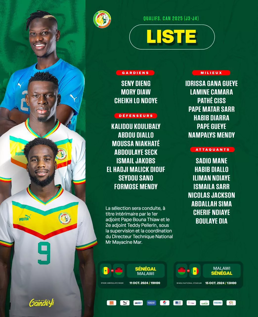 Qualification CAN 2025 liste du Sénégal