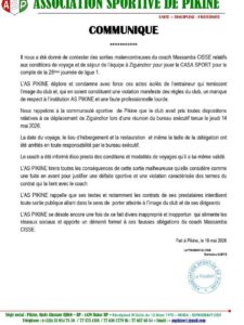 Communiqué AS Pikine sur coach Mass Cissé